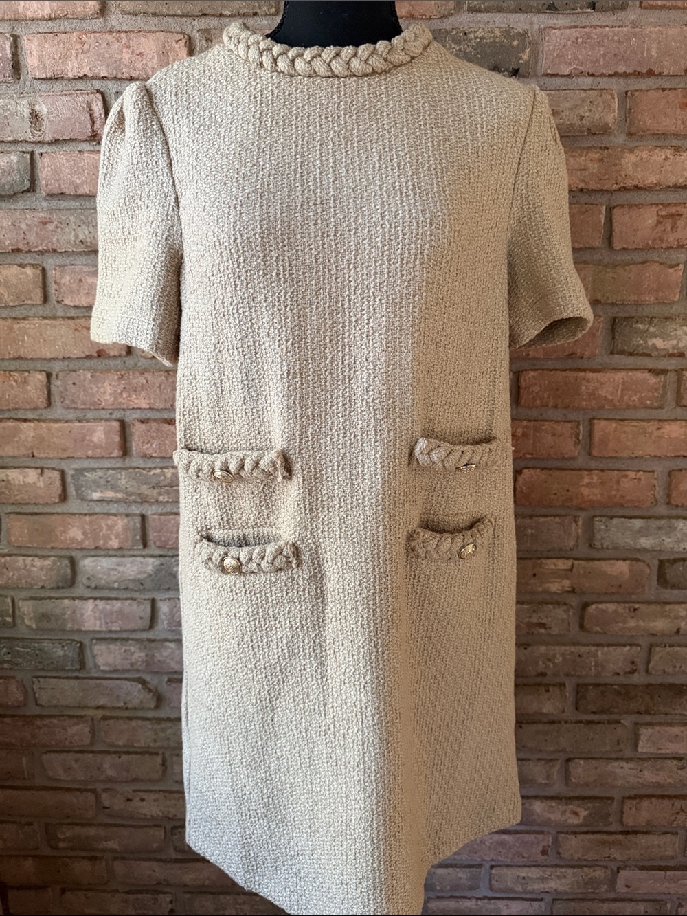 Tan Braided-Trim Mini Shift Dress